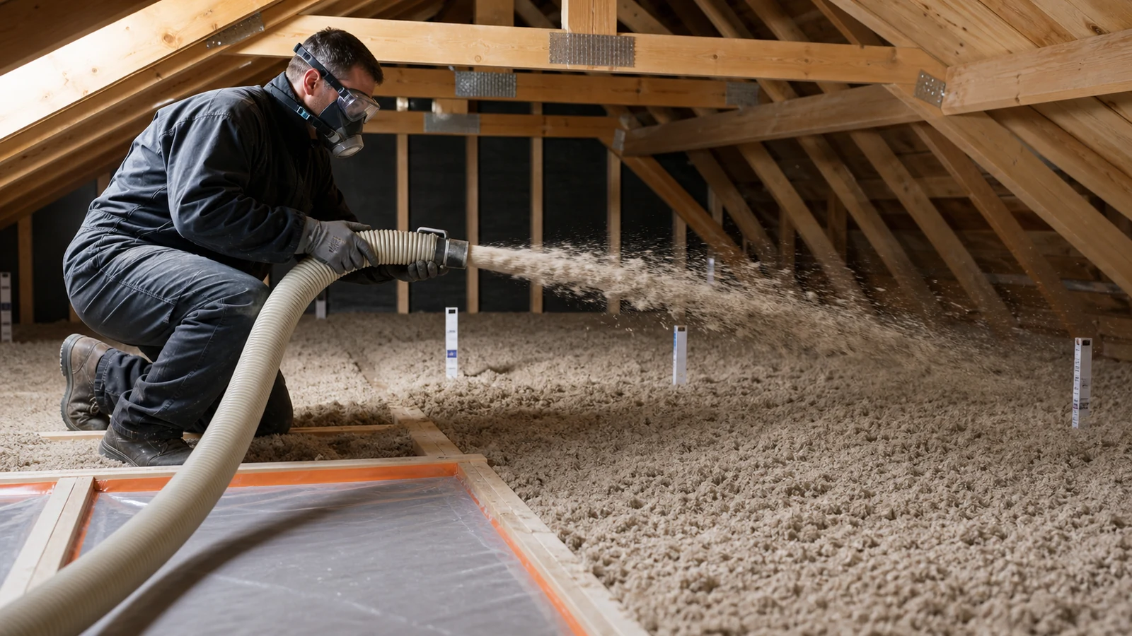 Soufflage maîtrisé dans le Beauvaisis Soufflage homogène d’isolant en vrac sur un plancher de combles du Beauvaisis