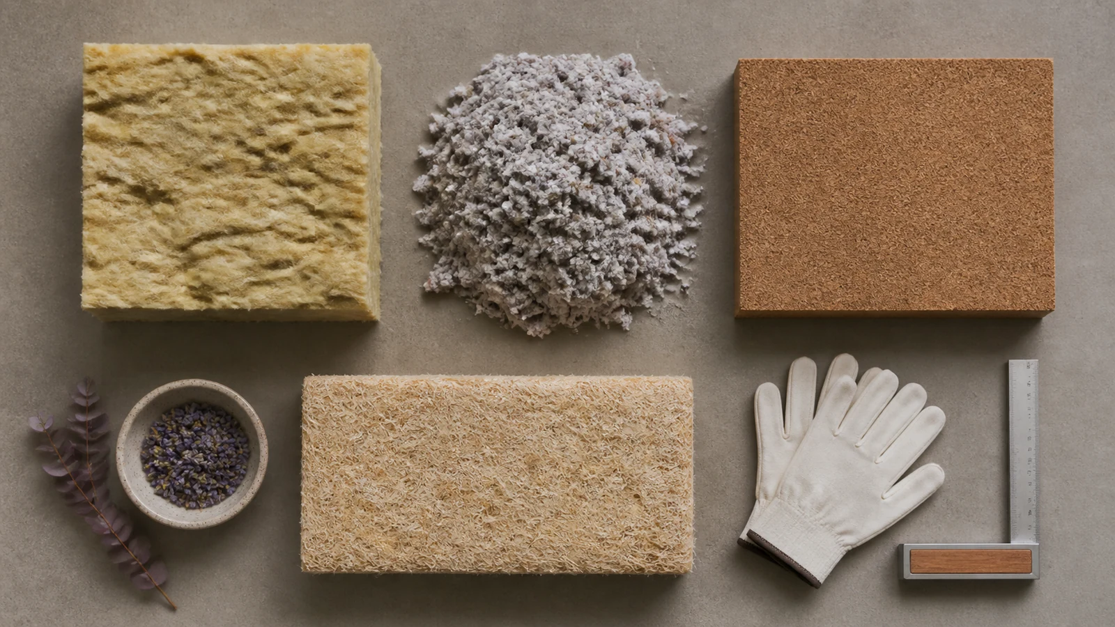 Matières isolantes comparées pour l’Oise Échantillons de laine minérale, ouate de cellulose, fibre de bois et chanvre pour les combles
