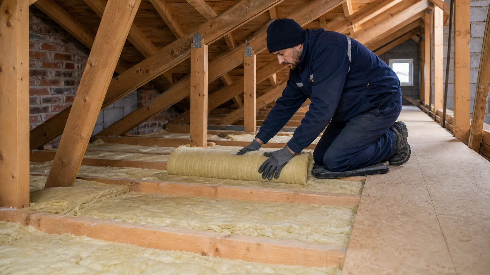 Combles perdus préparés près de Noyon Pose régulière d’isolant sur le plancher de combles d’une maison près de Noyon