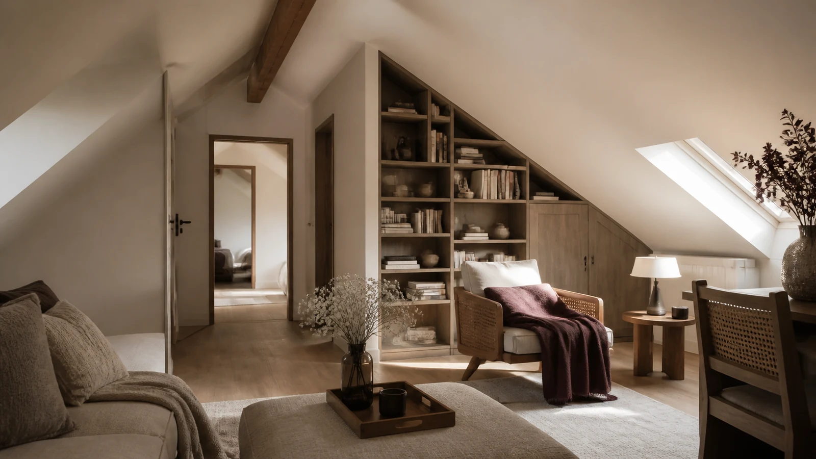 Confort élégant sous rampants à Chantilly Pièce sous combles aménagés avec charpente apparente dans une maison à Chantilly